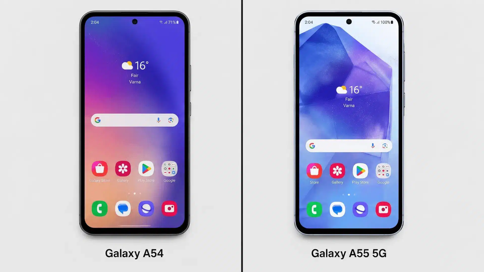 Side-by-side view of Galaxy A54 and Galaxy A55 5G front displays on a neutral background, clearly labeled, showing screen differences and bezels