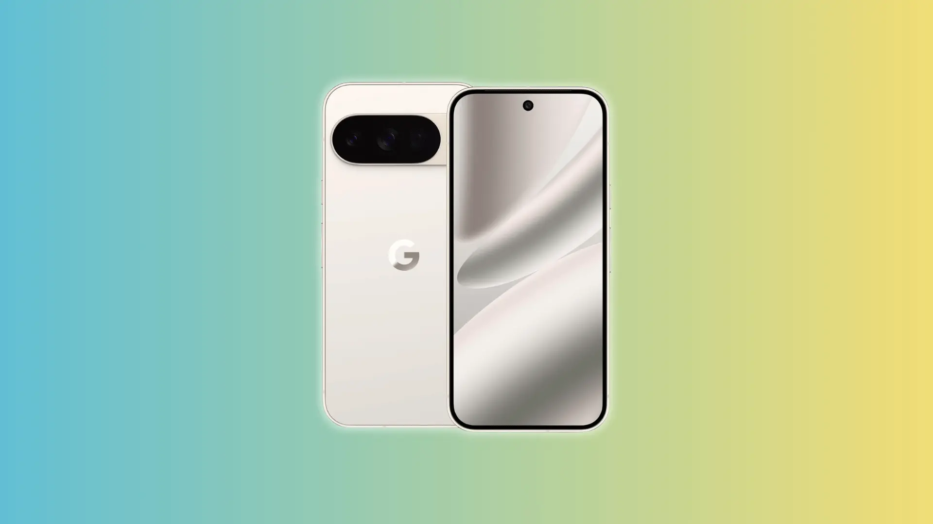 Front and back view of a Google Pixel 10 Pro on a green gradient background, showing the centered front camera, minimal bezels, and the rear camera module with three lenses and a flash