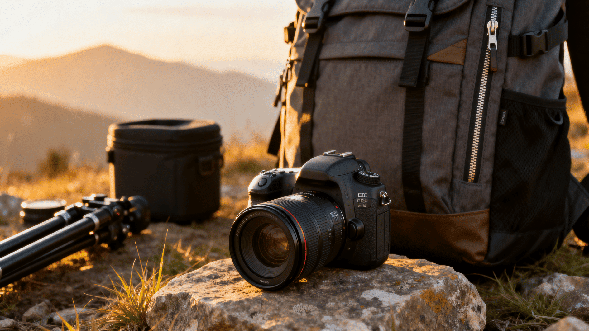 dslr camera and travel gear placed outdoors during golden hour with mountains and a backpack in the background.
