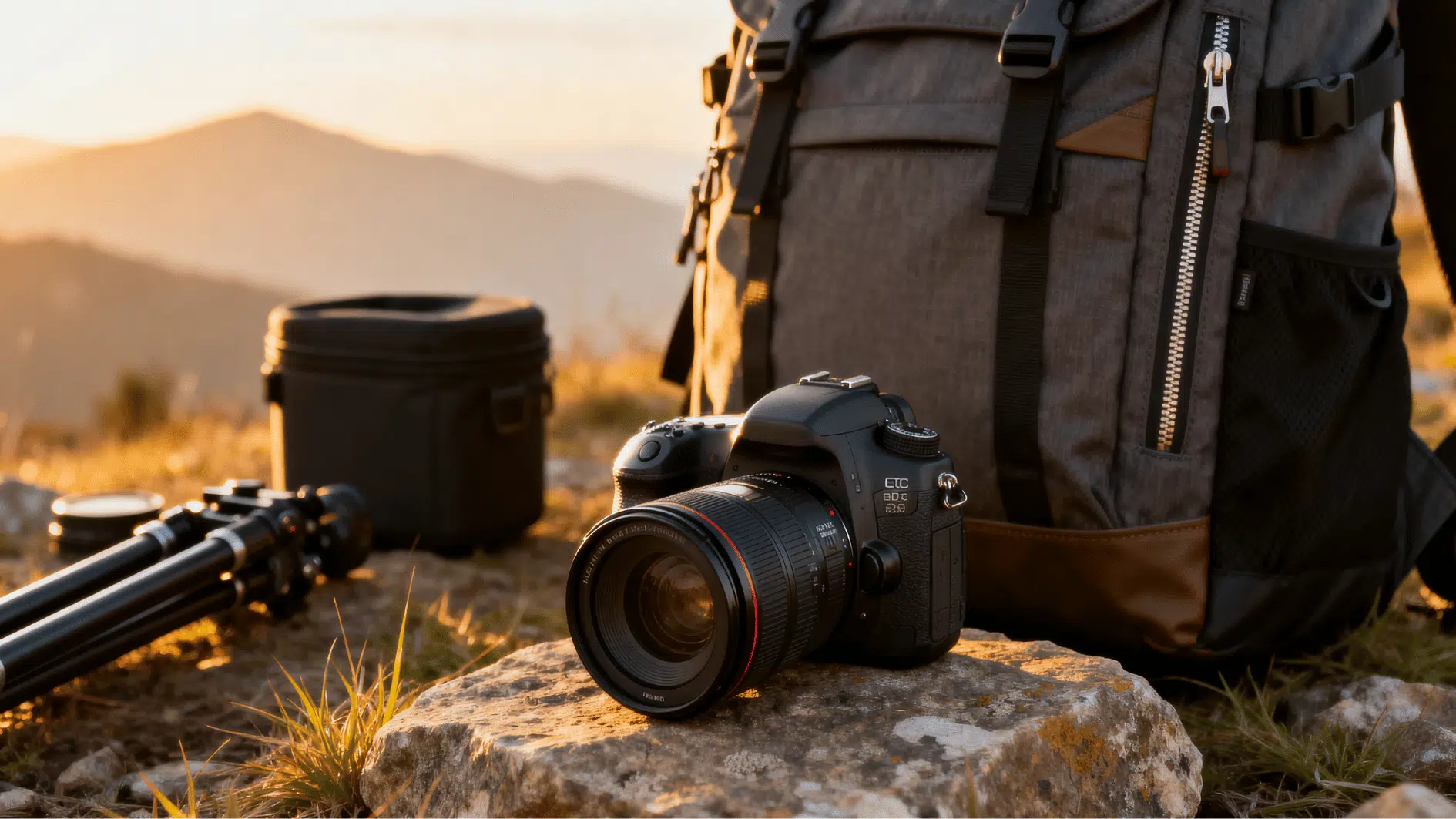 dslr camera and travel gear placed outdoors during golden hour with mountains and a backpack in the background.