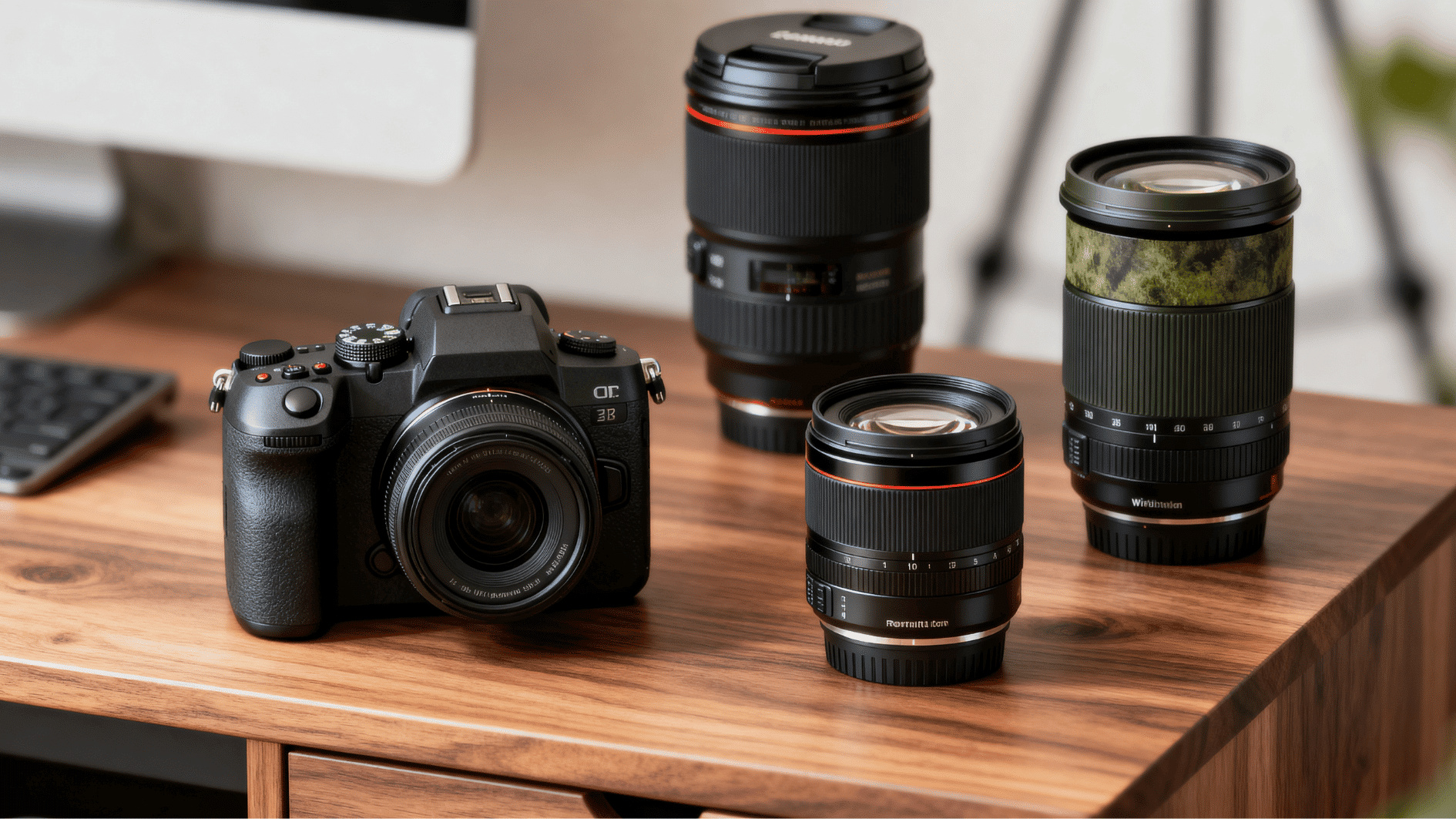 dslr camera with interchangeable lenses placed on a wooden desk in a modern photography workspace with soft natural lighting.