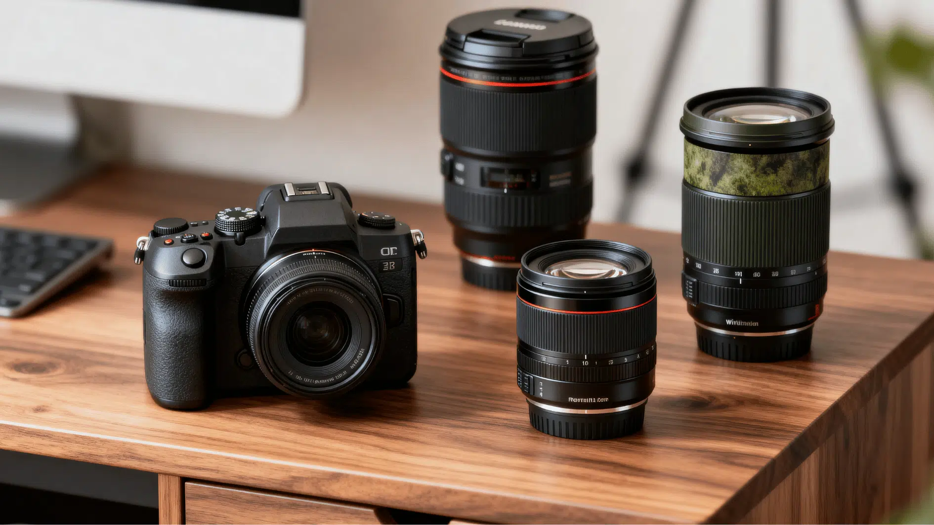 dslr camera with interchangeable lenses placed on a wooden desk in a modern photography workspace with soft natural lighting.