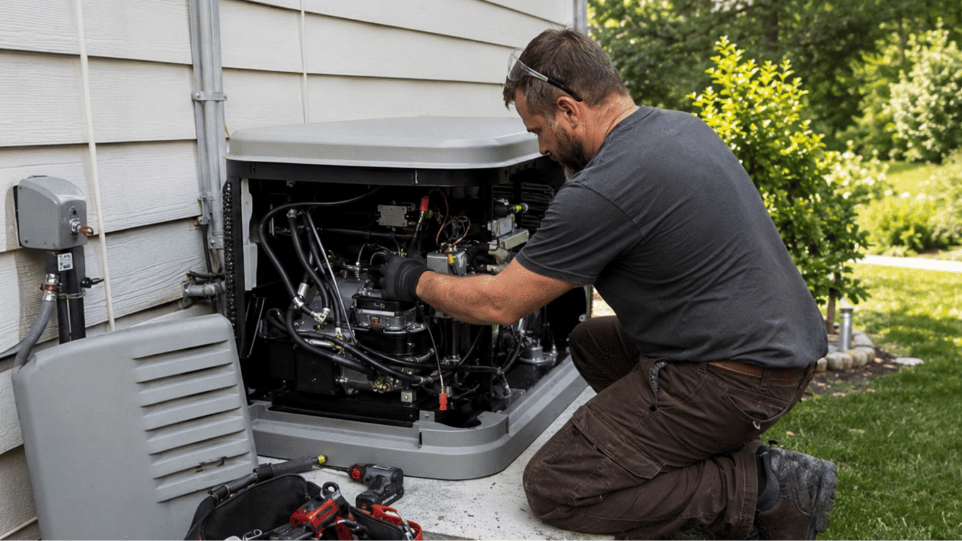 electrician working on an open standby generator outside a home during a professional backup generator installation