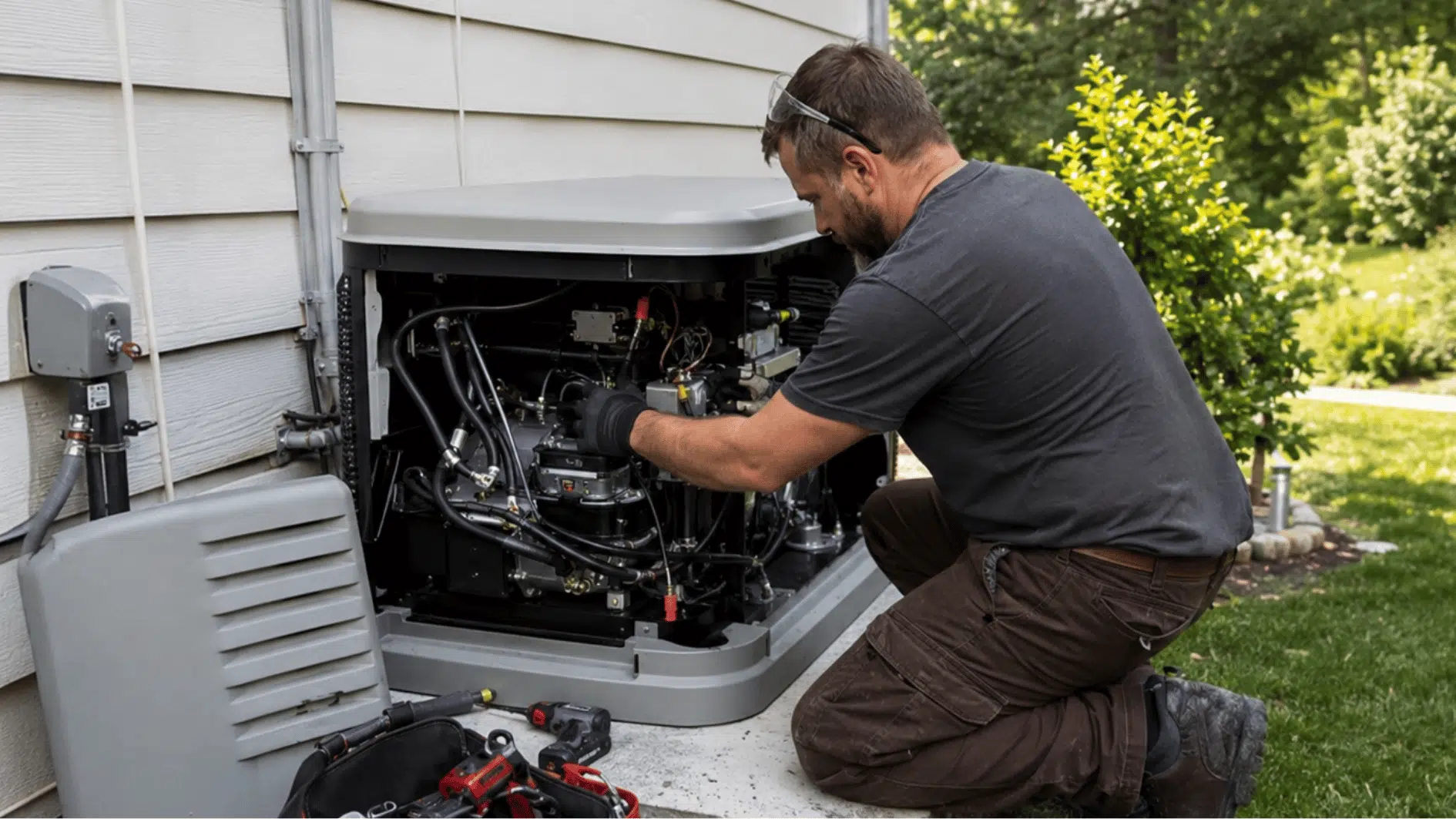 electrician working on an open standby generator outside a home during a professional backup generator installation