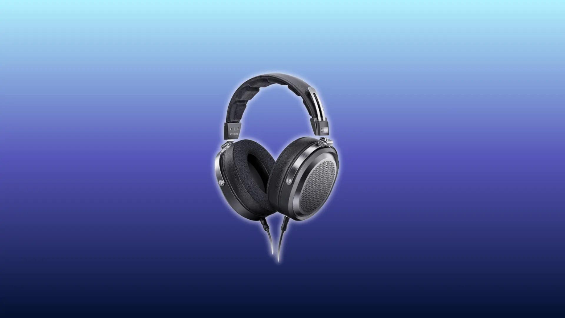 Image of FiiO FT1 Pro headphones, over-ear open-back design, displayed against a blue gradient background.