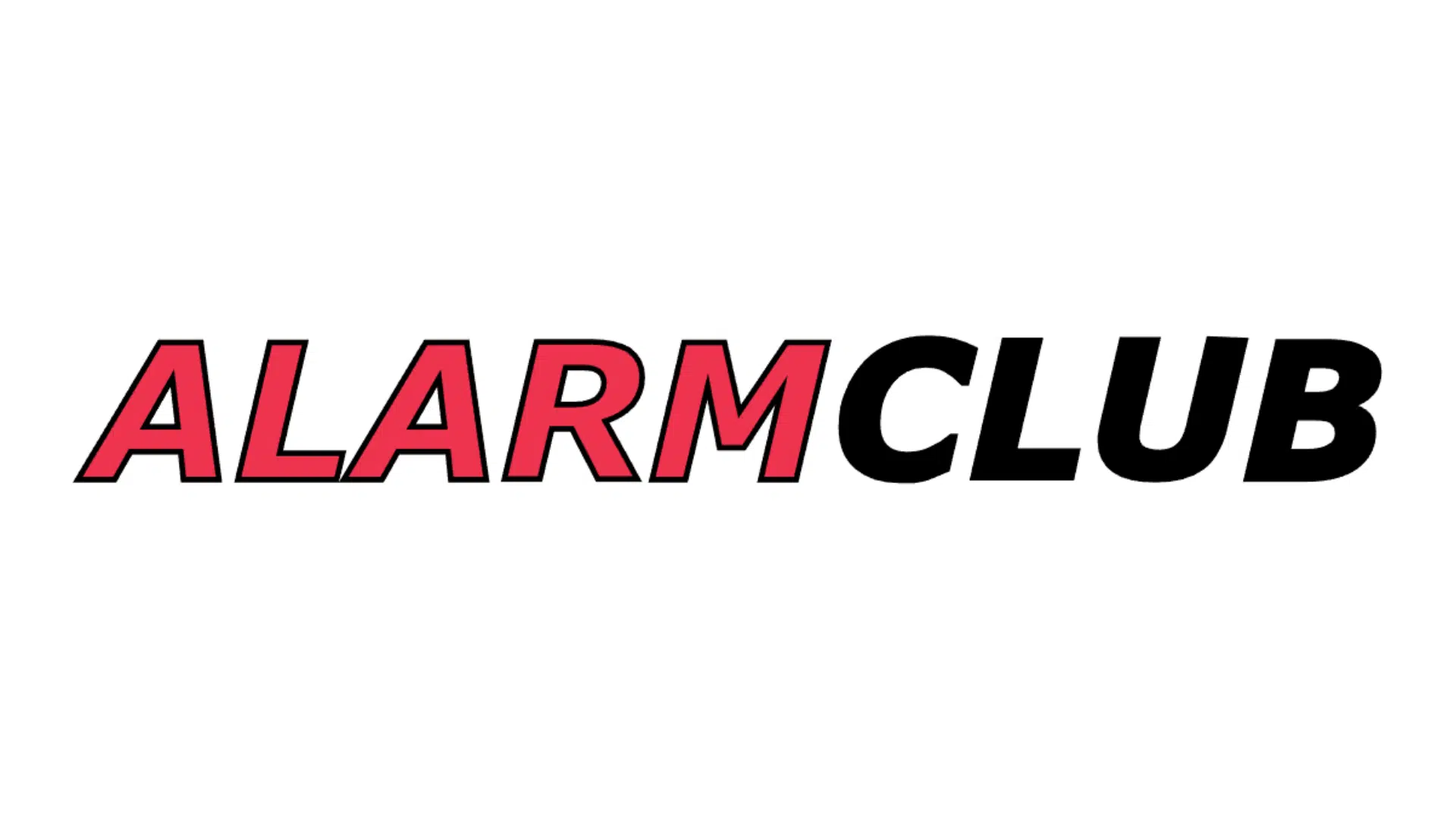 fire alarm and fire system monitoring service provider alarm club logo on a neutral white background with alaram written in red text and club in black text in all uppercase