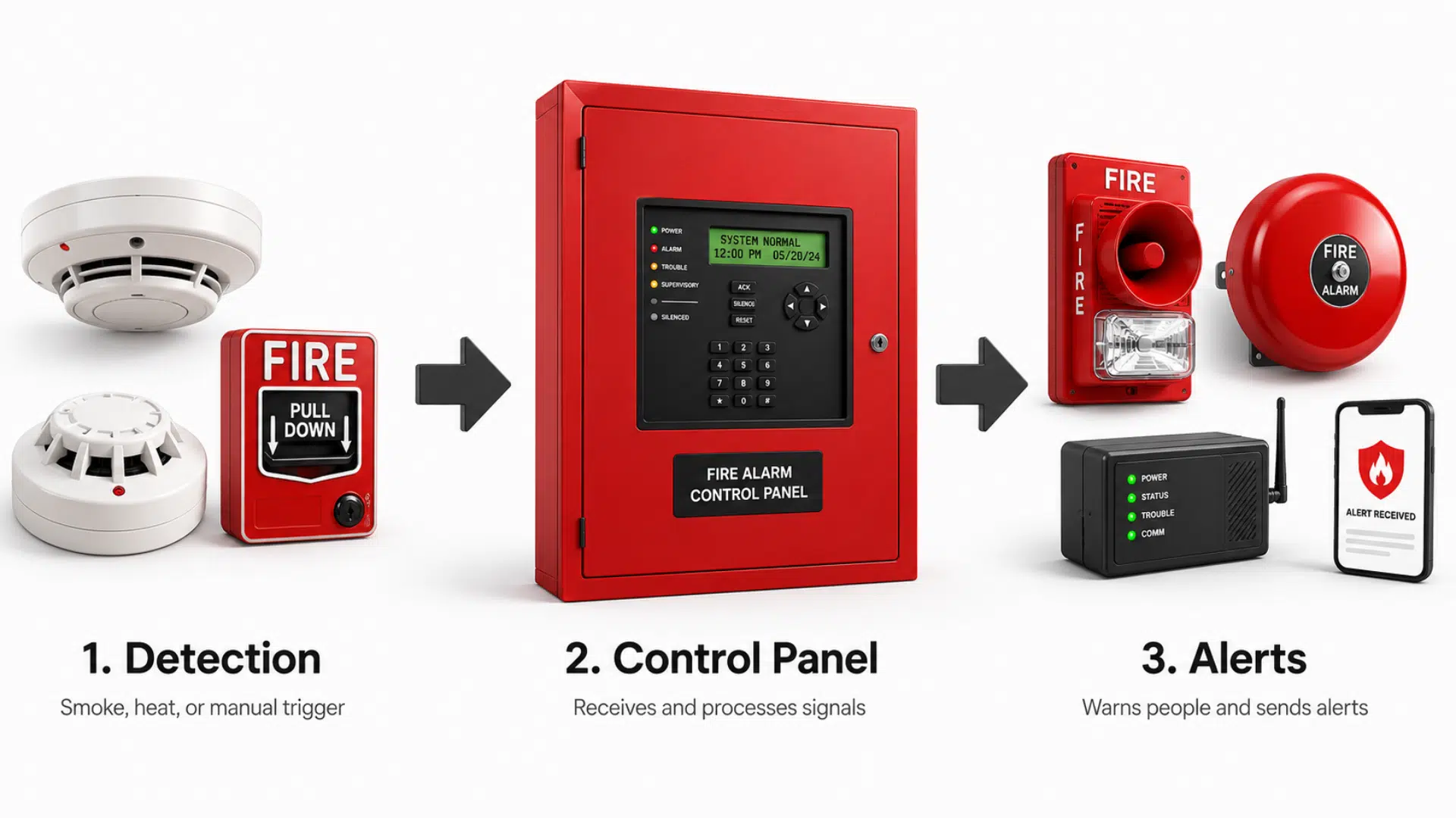 fire alarm system flow infographic showing the processes of detection control panel and alerts delivered to the phone and devices used
