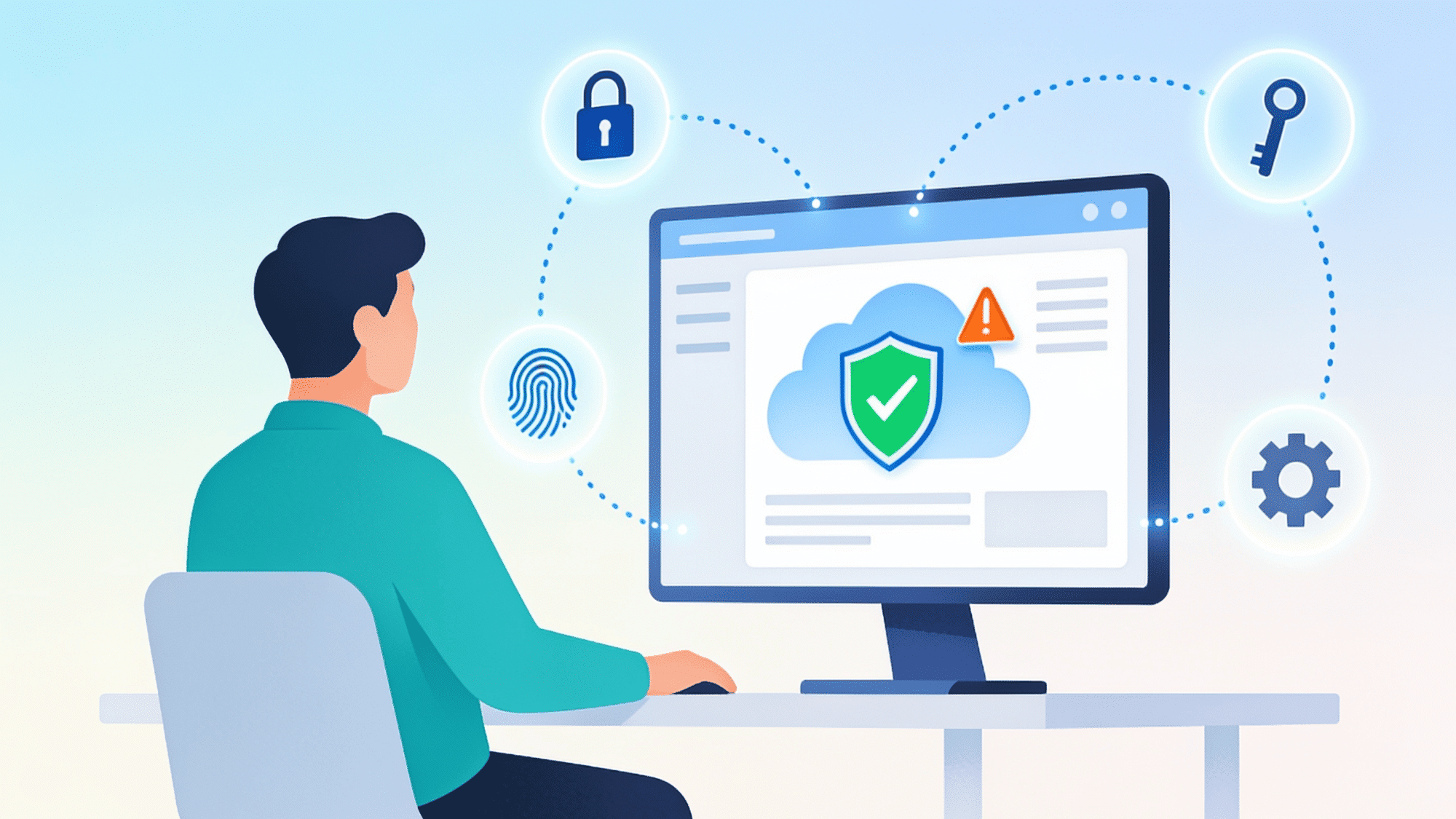 flat illustration of a person managing cloud security practices on a monitor with floating security icons