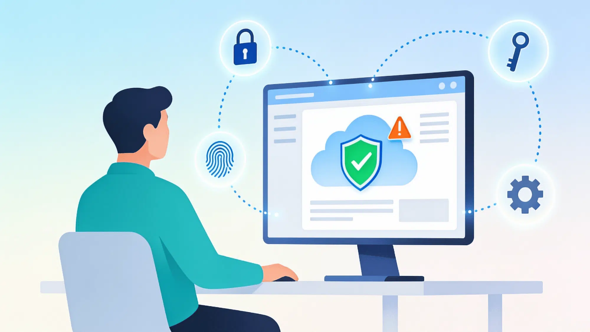 flat illustration of a person managing cloud security practices on a monitor with floating security icons