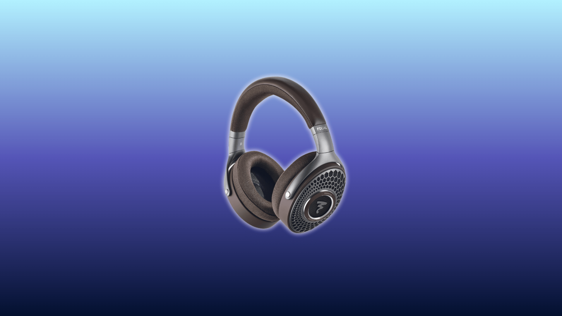 Image of Focal Hadenys headphones, over-ear open-back design with brown cushioned headband, dark brown mesh ear cups, and silver frame, displayed against a gradient blue background.
