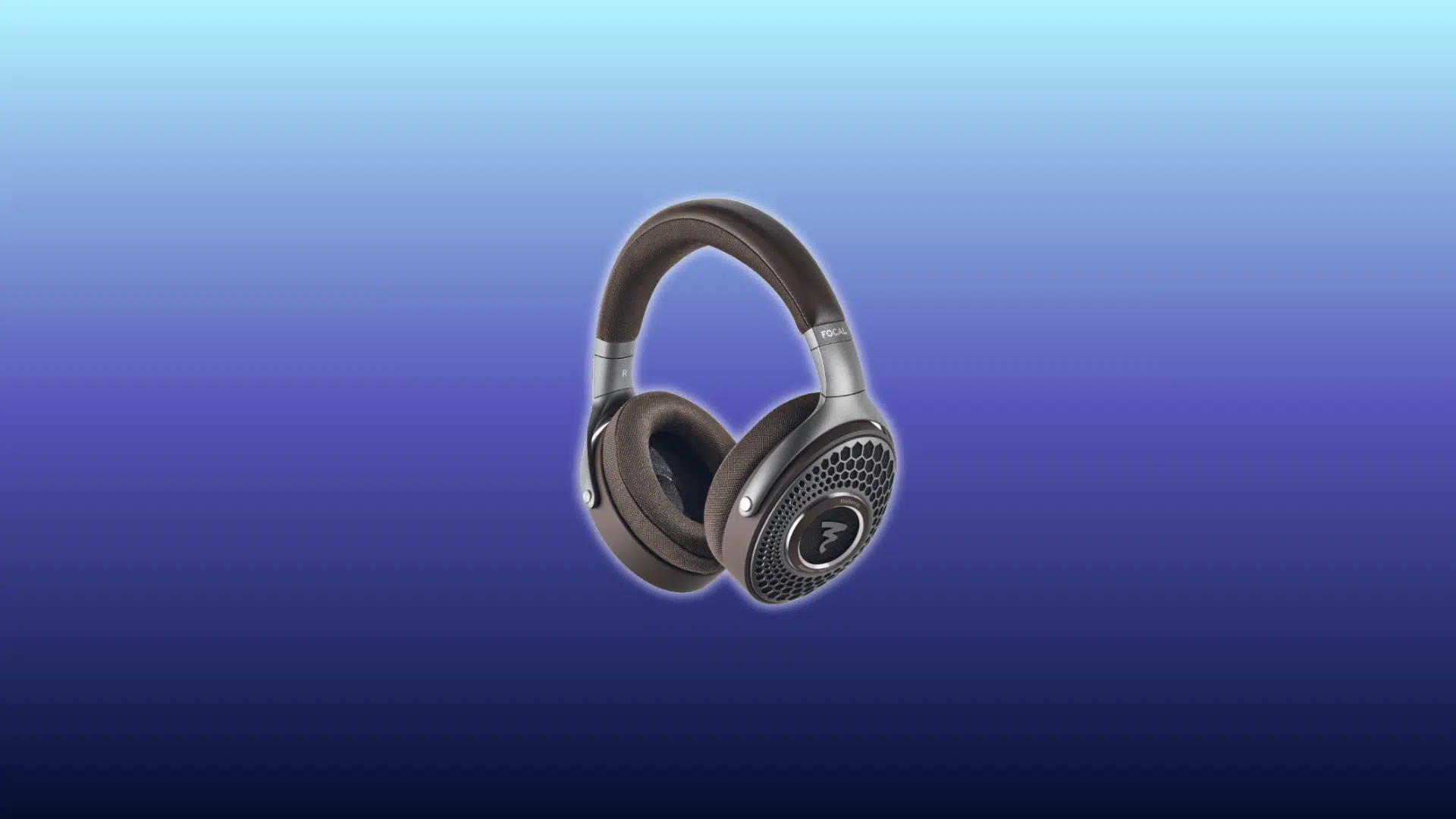 Image of Focal Hadenys headphones, over-ear open-back design with brown cushioned headband, dark brown mesh ear cups, and silver frame, displayed against a gradient blue background.