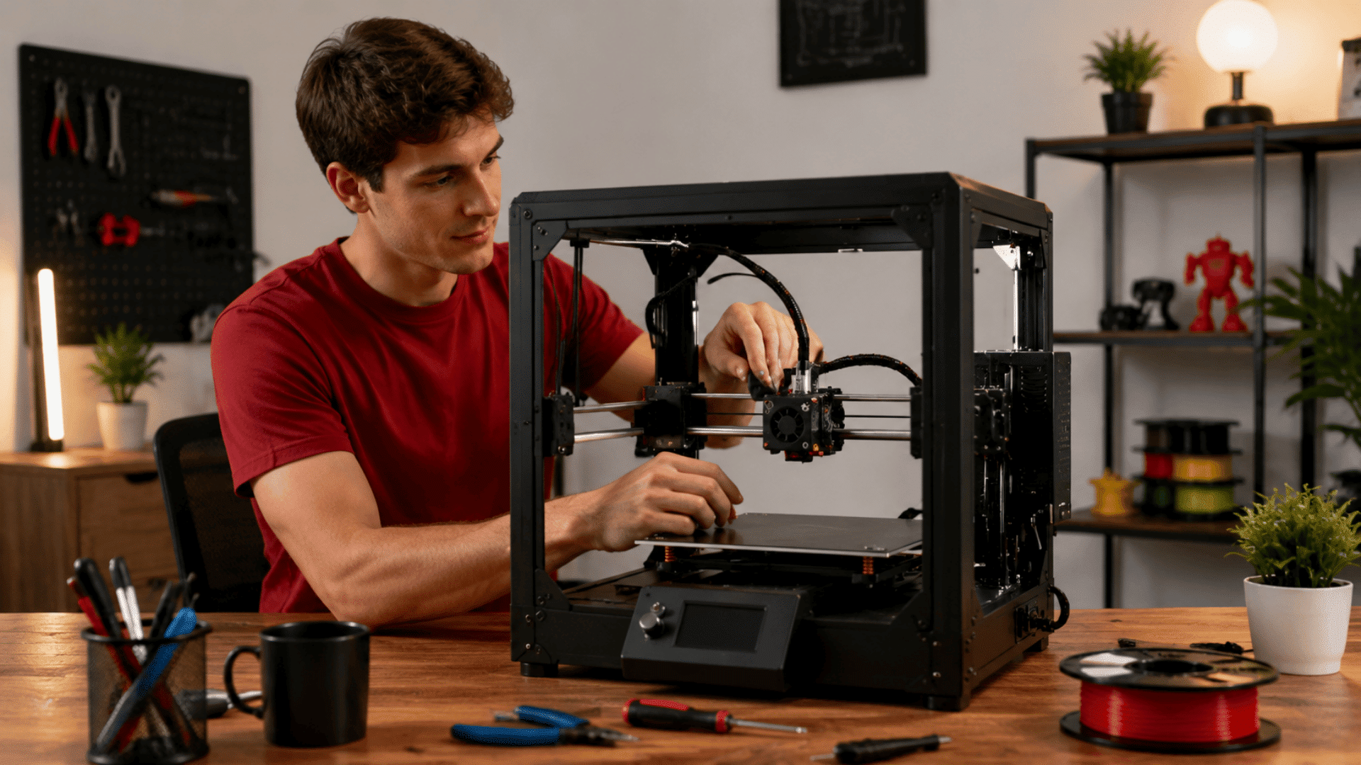 focused 3D printer setup in workshop with studio lighting and visible indoor setting with guy working hands on with the setup of the 3d printer