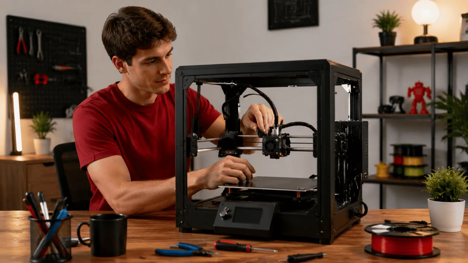 focused 3D printer setup in workshop with studio lighting and visible indoor setting with guy working hands on with the setup of the 3d printer