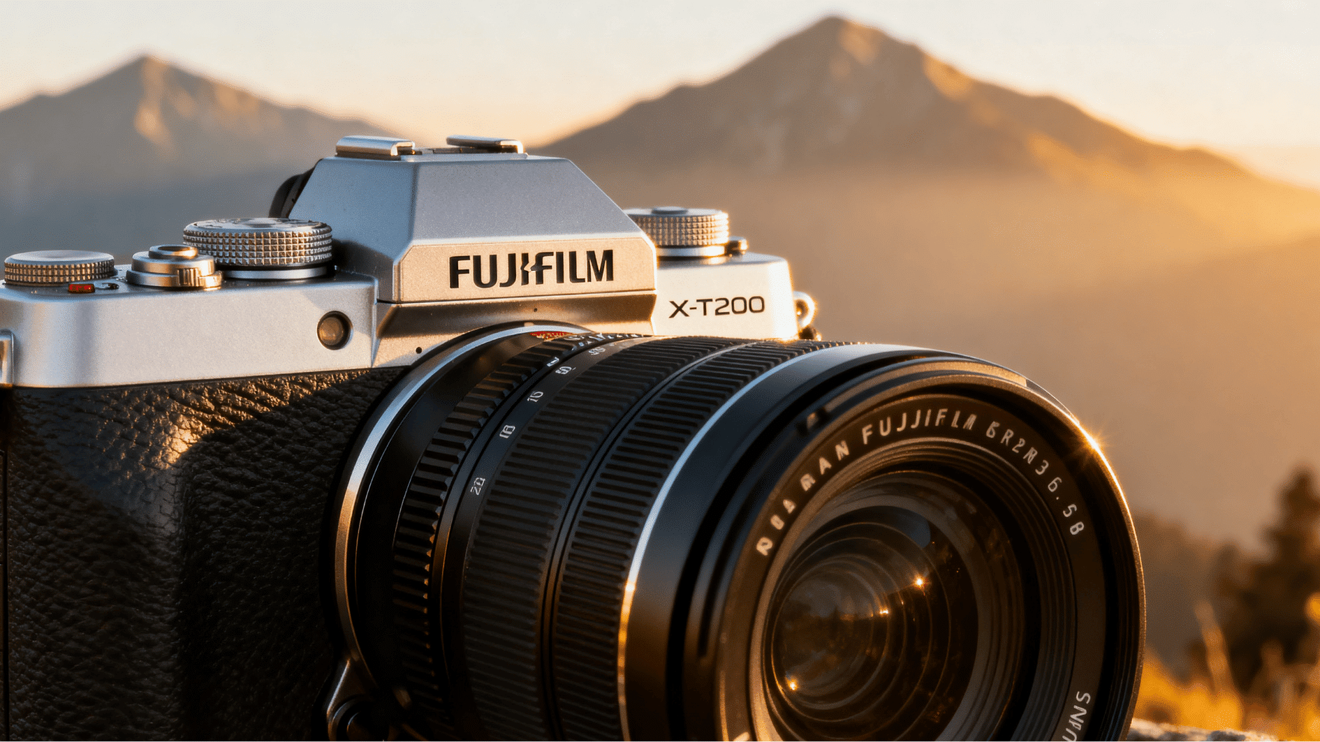 fujifilm X-T200 mirrorless camera with mountain background during golden hour in realistic outdoor setting.