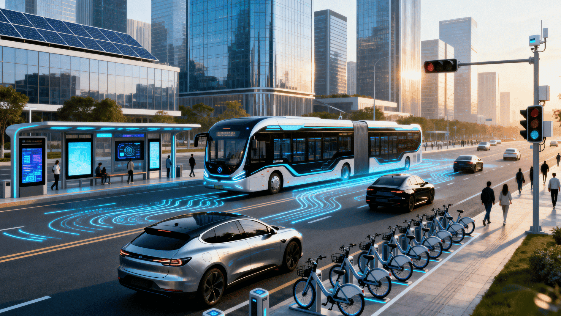 future smart city road with electric buses, connected cars, bike docks, smart signals, and clean urban transport.