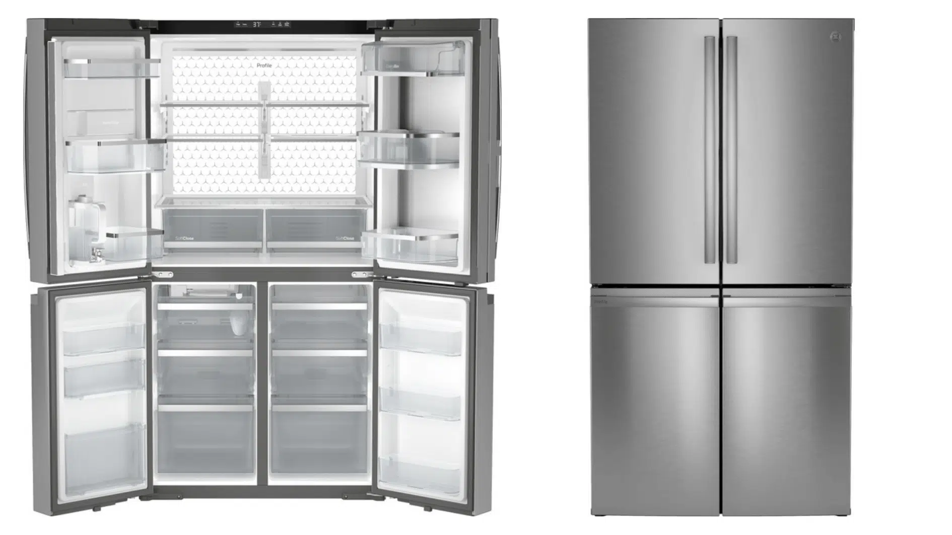 ge Profile smart quad-door refrigerator with stainless steel finish, convertible storage drawer, and modern French door design in a contemporary kitchen.