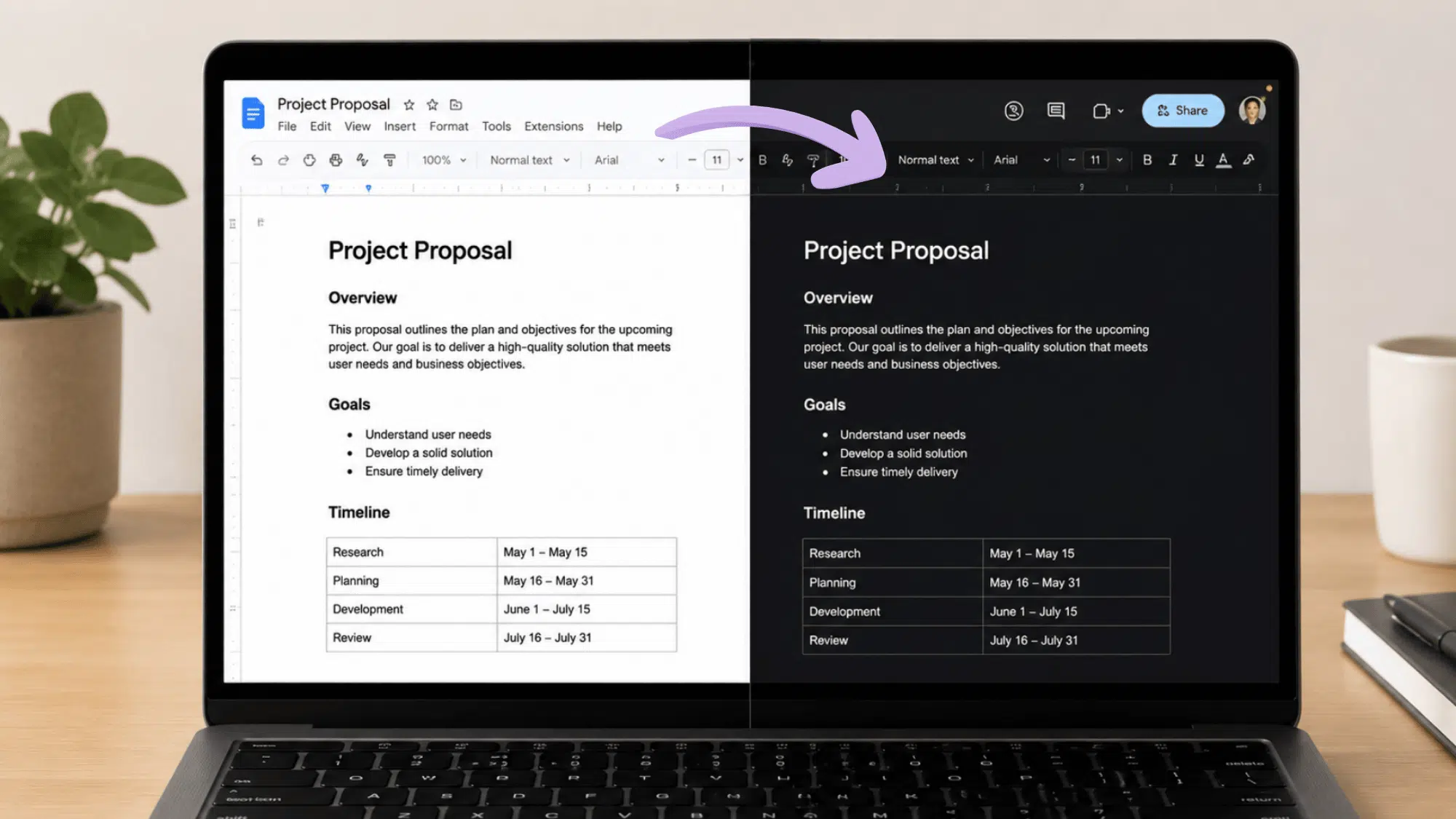 google docs light mode vs dark mode split screen on a laptop (1)