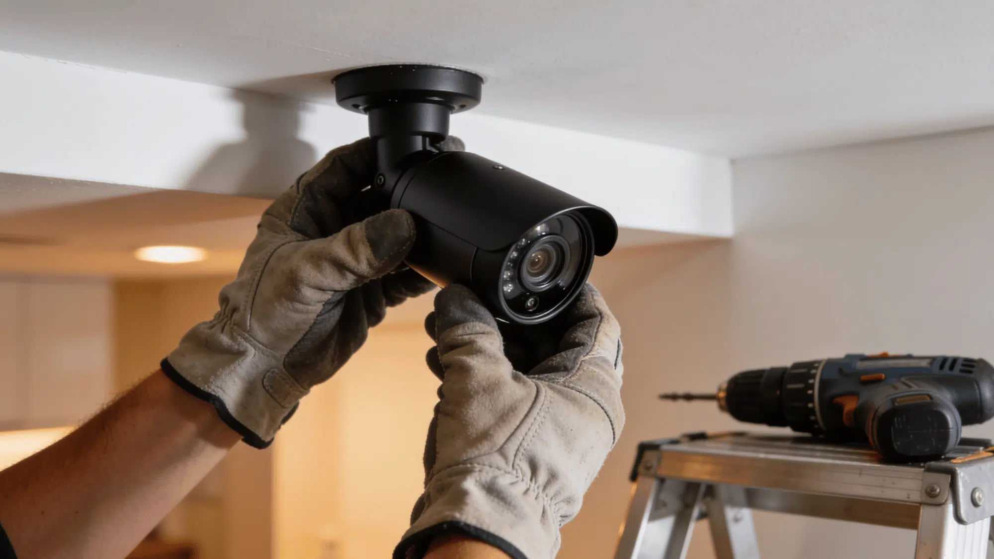 hands in work gloves mounting a black bullet cctv security camera onto a white ceiling corner inside a home
