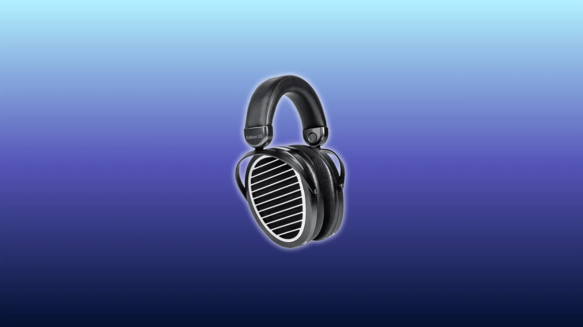 Image of HiFiMAN Edition XS headphones, over-ear open-back planar-magnetic design in black with metal frame and padded headband, displayed against a gradient blue background.