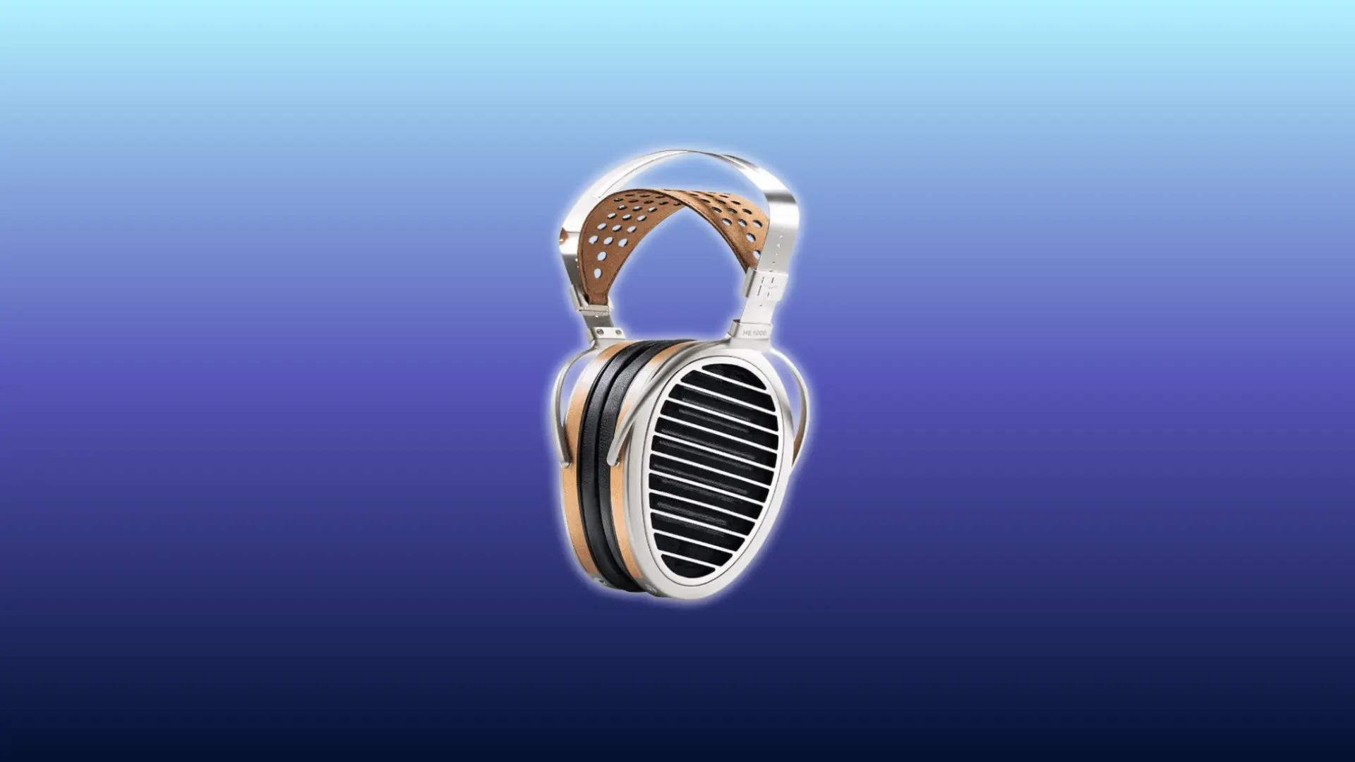 Image of hi-fi-man-he1000 headphones, over-ear open-back design, displayed against gradient blue background