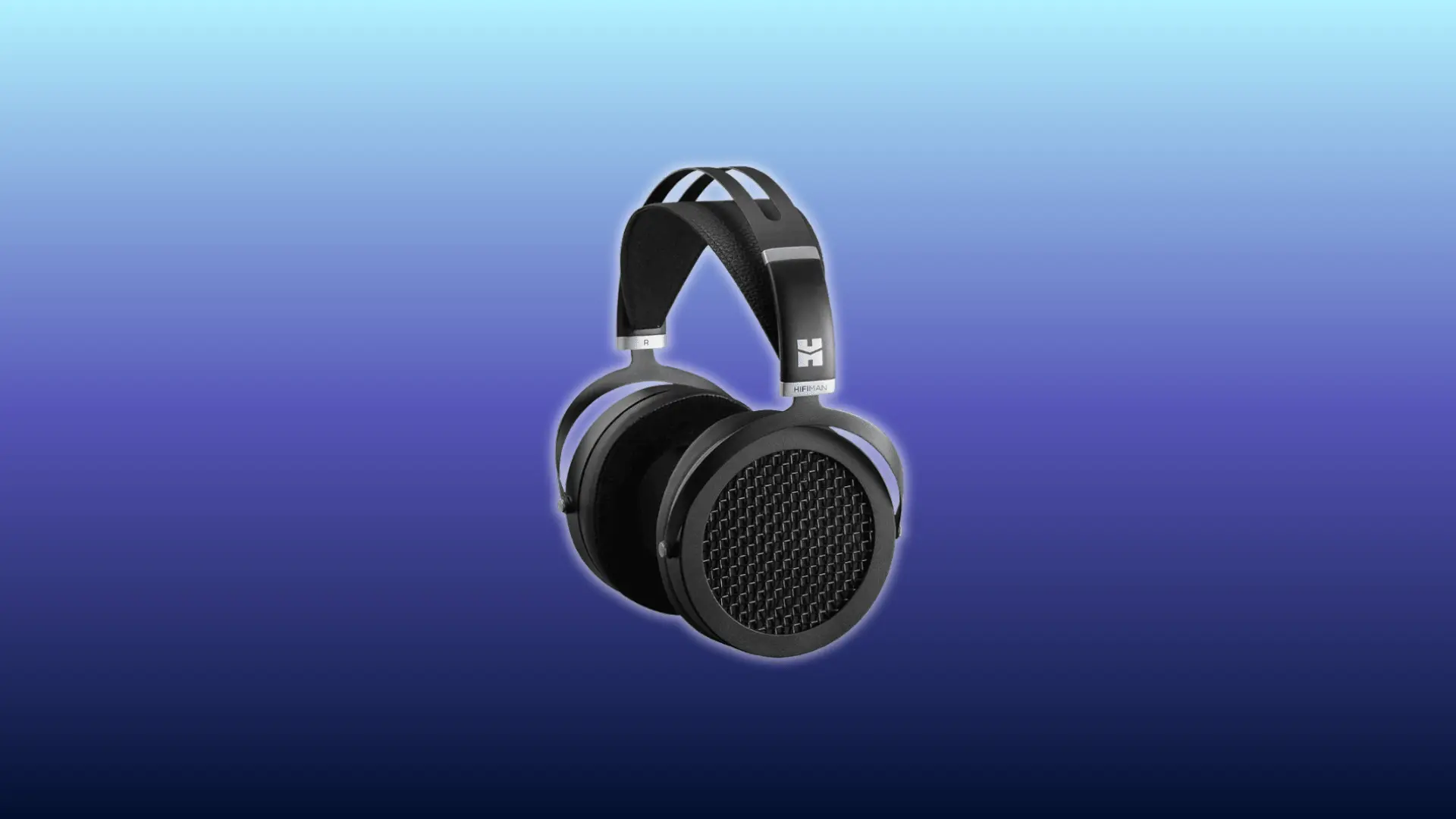 Image of Hi-Fi-Man Sundara headphones, over-ear open-back design, displayed against gradient blue background.