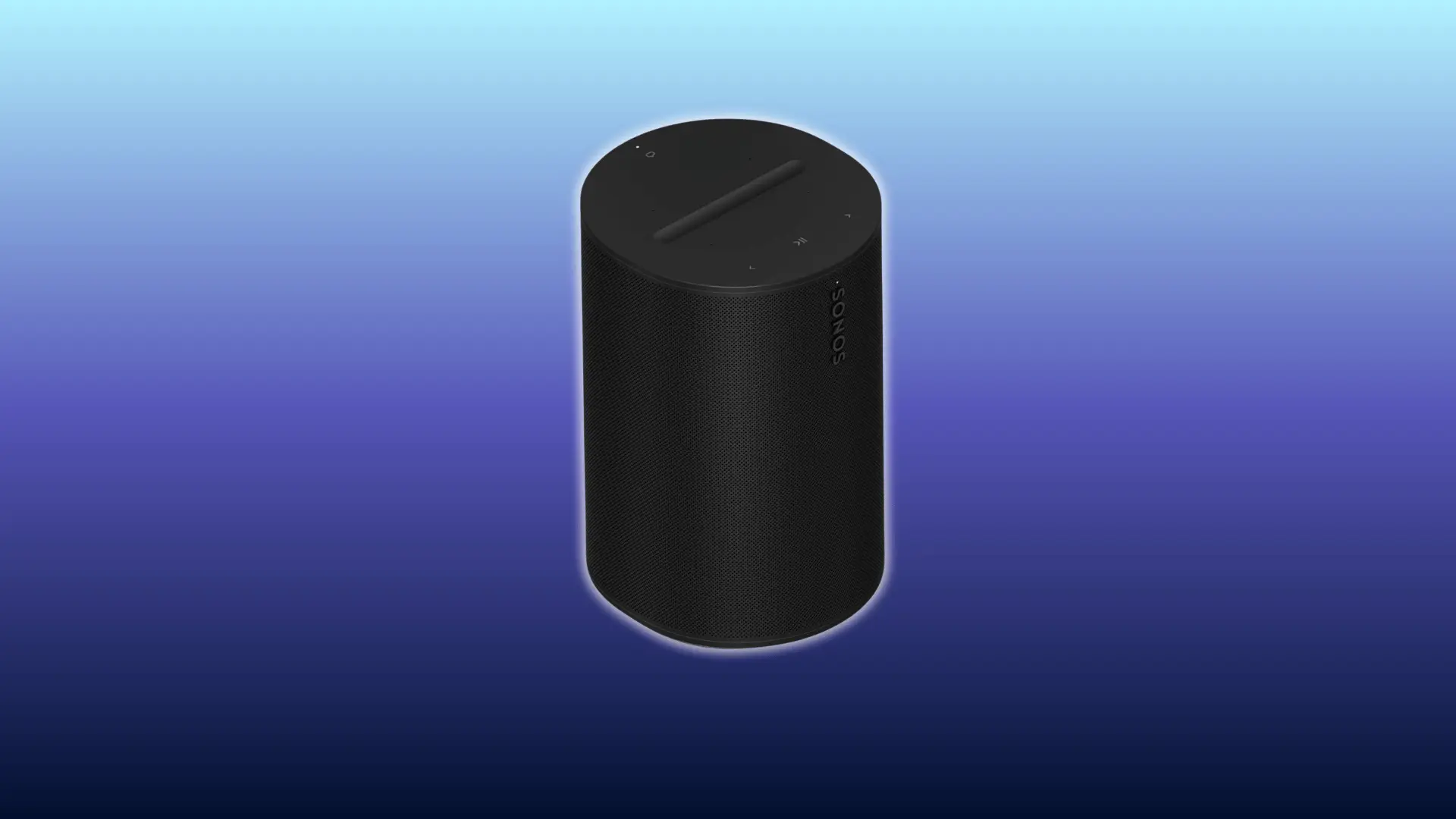 A black Sonos Era 100 smart speaker shown from a top angle against a gradient blue background, highlighting the speaker's cylindrical shape, touch controls on top, and minimalist design