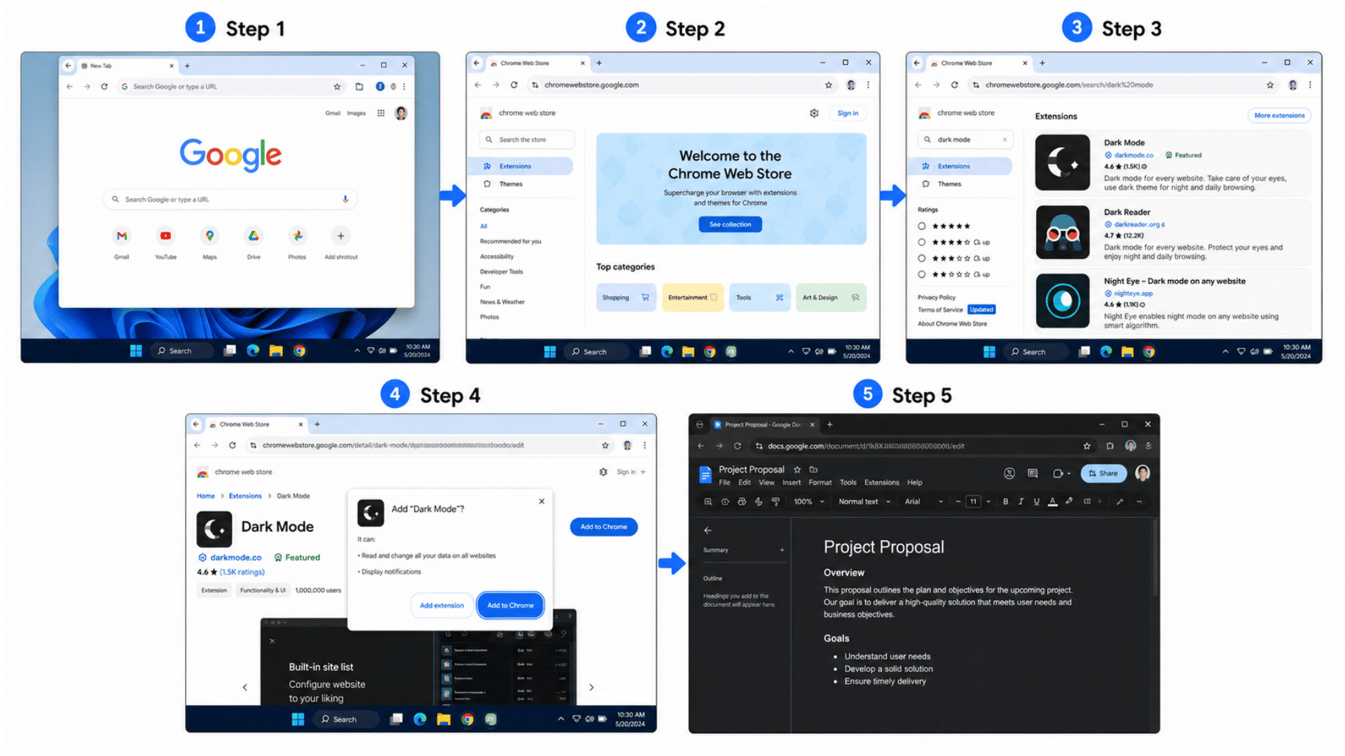 how to enable dark mode in google docs on windows using chrome extension