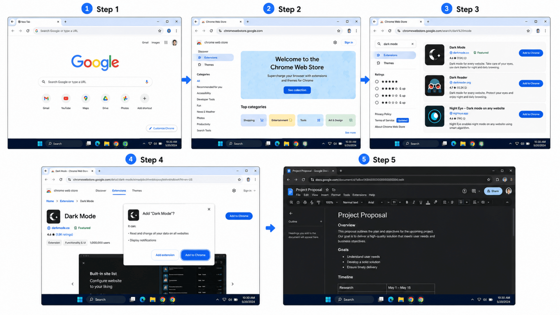 how to install a dark mode extension in google chrome for google docs