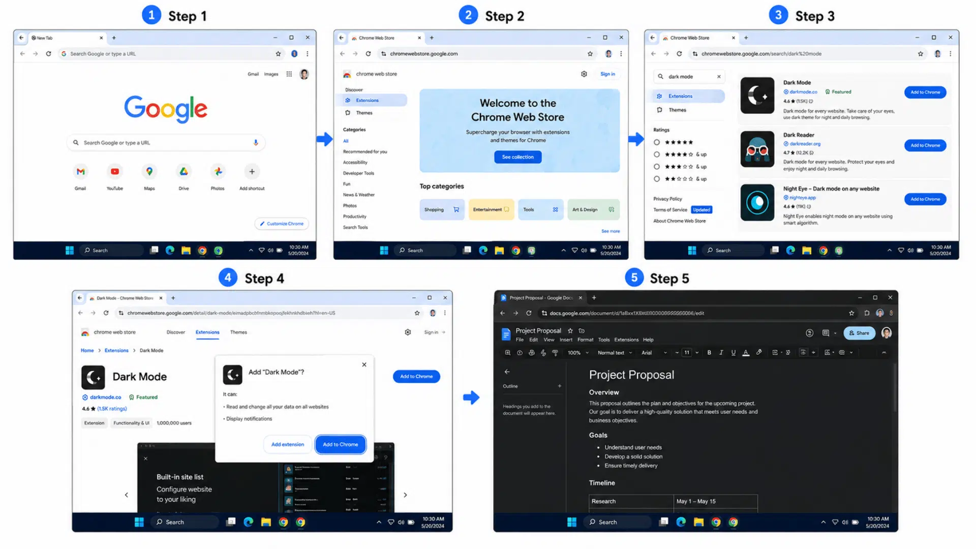 how to install a dark mode extension in google chrome for google docs