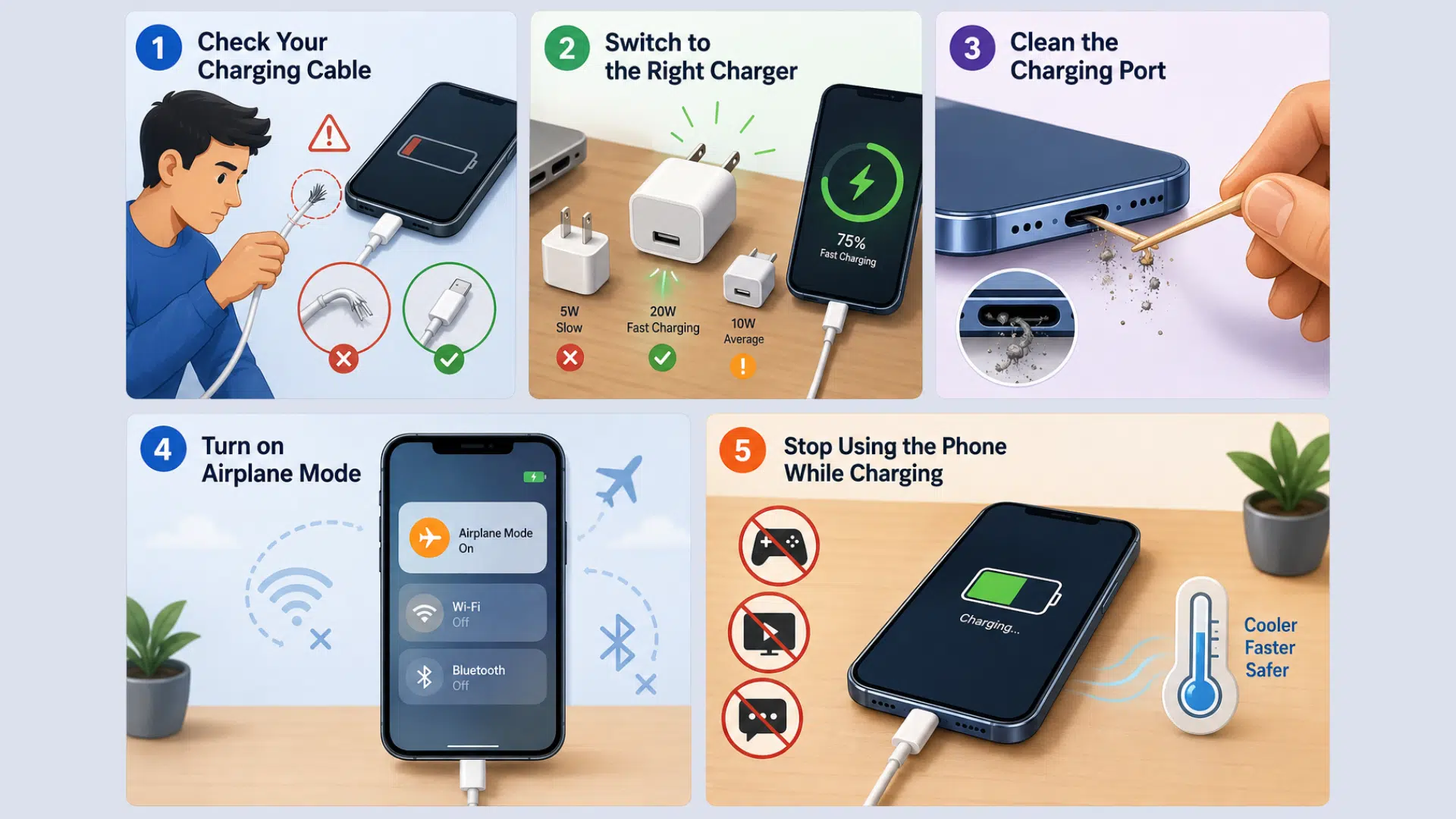 illustrated collage showing five ways to fix slow phone charging with charger, cable, port cleaning, and airplane mode