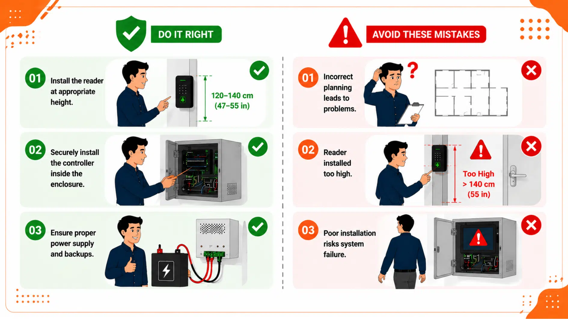 Infographic comparing correct and incorrect access control installation steps