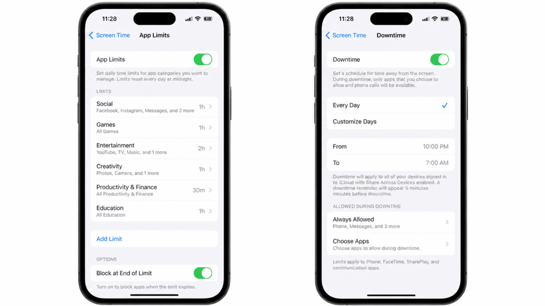 iphone screen displaying app limits and downtime schedules for parental controls