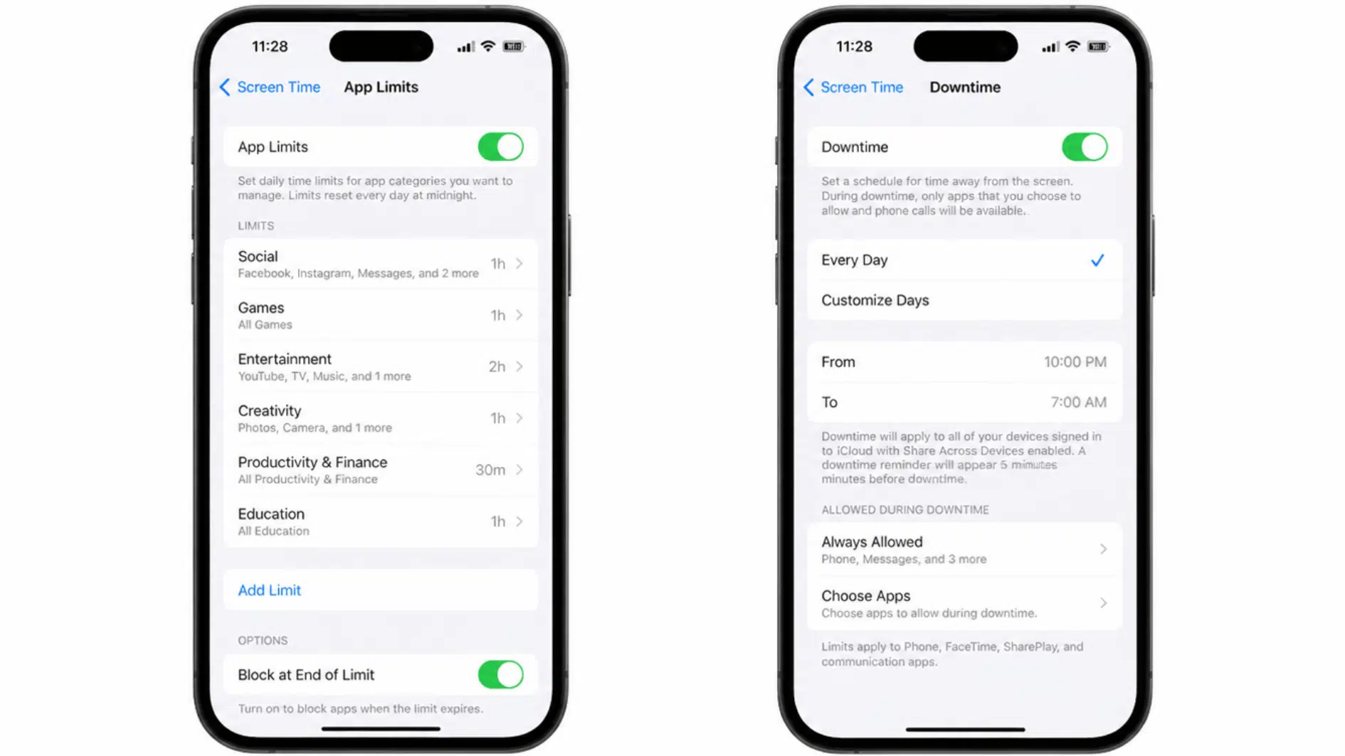 iphone screen displaying app limits and downtime schedules for parental controls