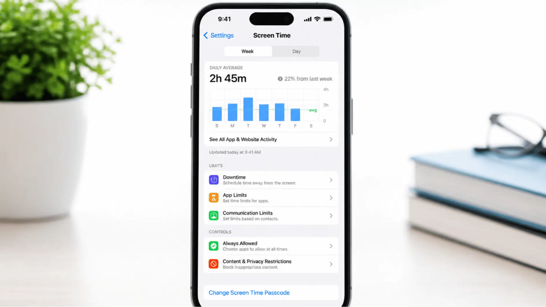 iphone screen displaying parental control tools screen time reports and family safety settings