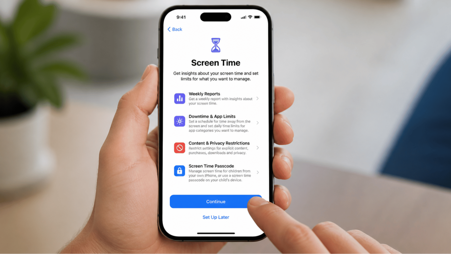 iphone screen displaying screen time setup options for creating child restrictions