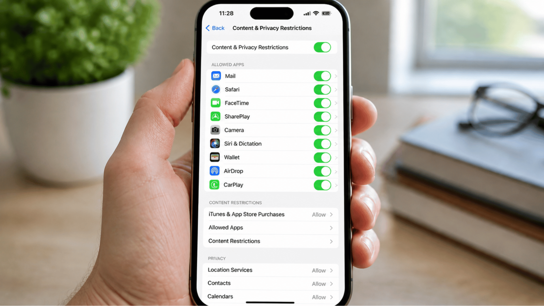 iphone screen showing content and privacy restrictions settings for child safety