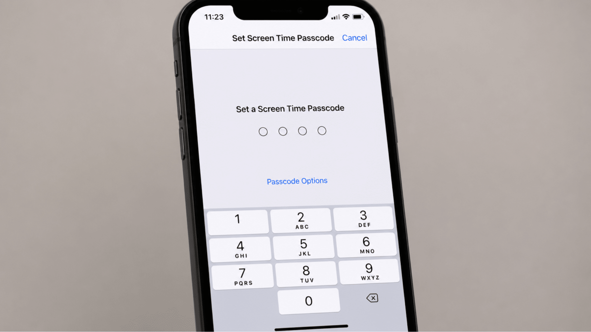 iphone screen showing screen time passcode creation with number keypad visible