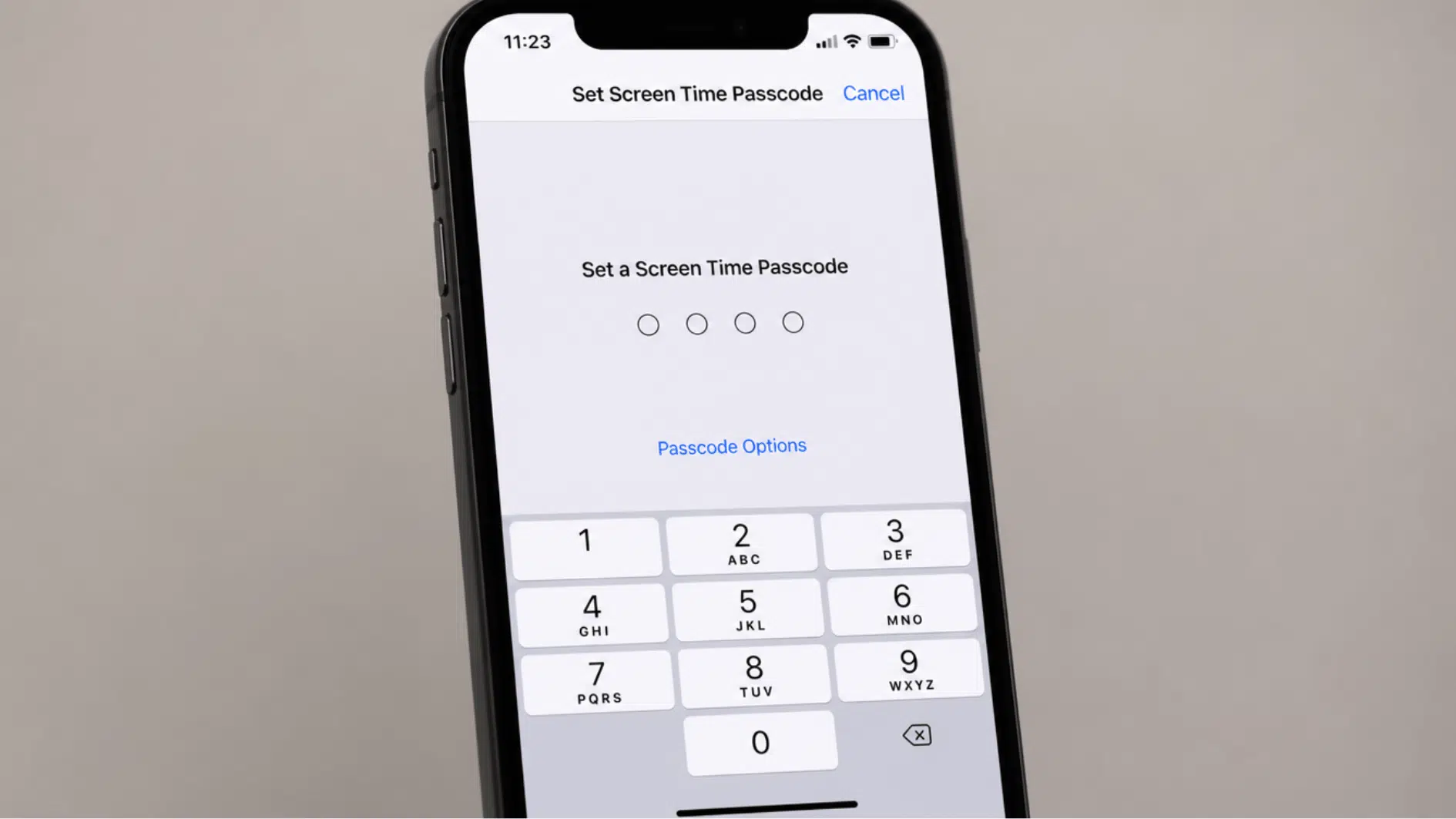 iphone screen showing screen time passcode creation with number keypad visible