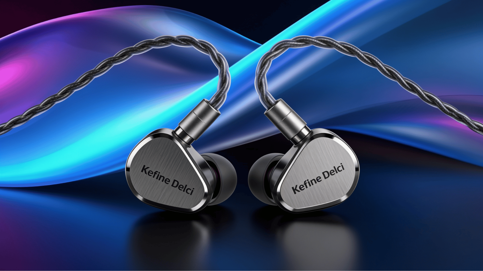 kefine delci iem review floating on dark background with blue and purple light streaks