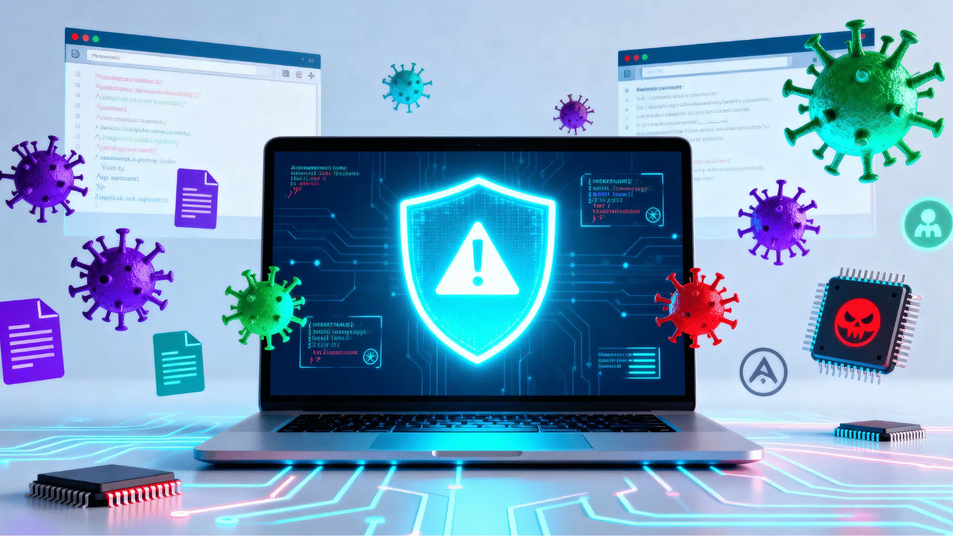 laptop with glowing security shield surrounded by virus icons, code windows, files, and chips in a cyber safety theme.