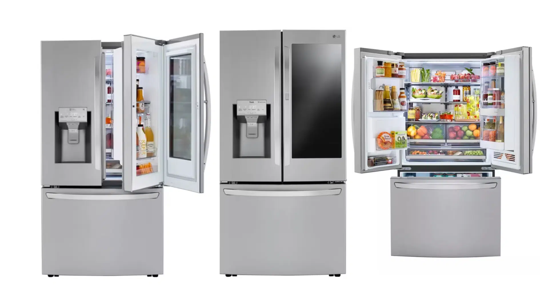 LG LRFVC2406S smart French door refrigerator with InstaView Door-in-Door design and bottom freezer drawers in a modern kitchen