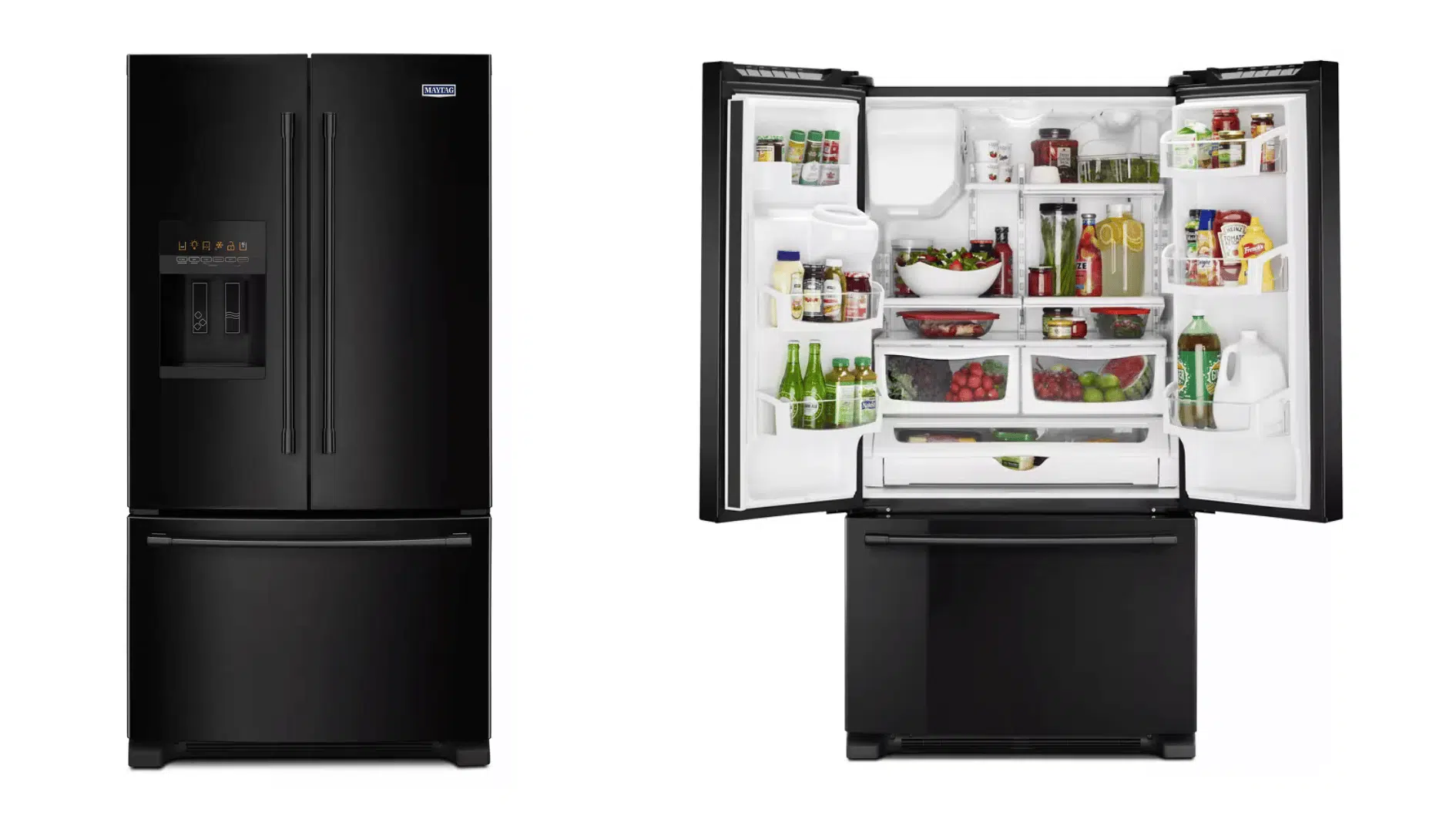maytag French door refrigerator with fingerprint-resistant stainless steel finish, bottom freezer drawer, and wide adjustable storage shelves.