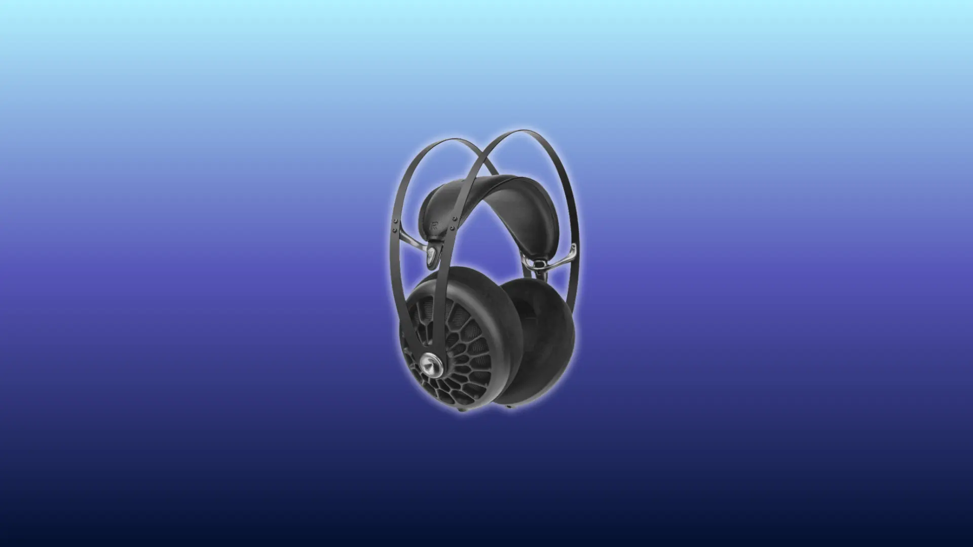 Image of Meze 105 AER headphones, over-ear open-back design in black with round ear cups and thick padding, displayed against a gradient blue background.