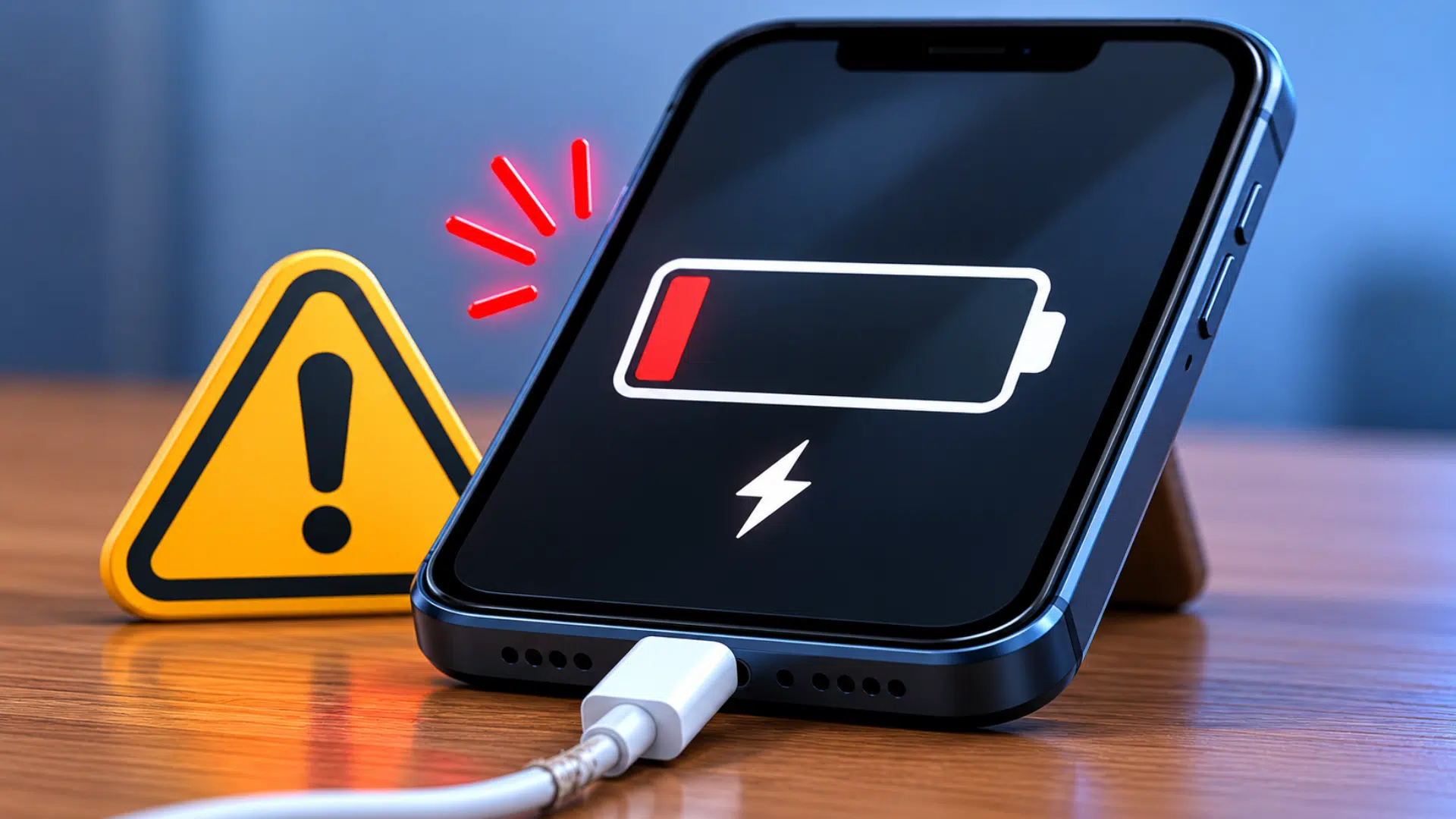 minimal illustration of a smartphone showing slow charging warning with low battery icon and charging cable plugged in