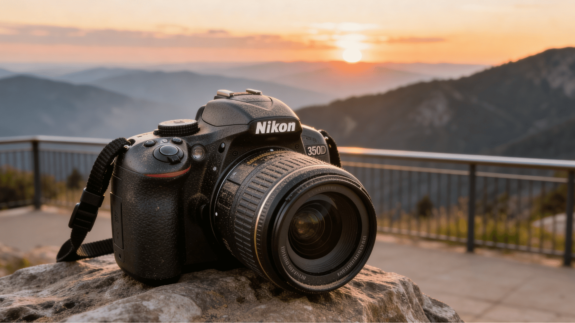 nikon D3500 dslr camera on a mountain viewpoint during sunset with warm outdoor lighting and scenic hills.
