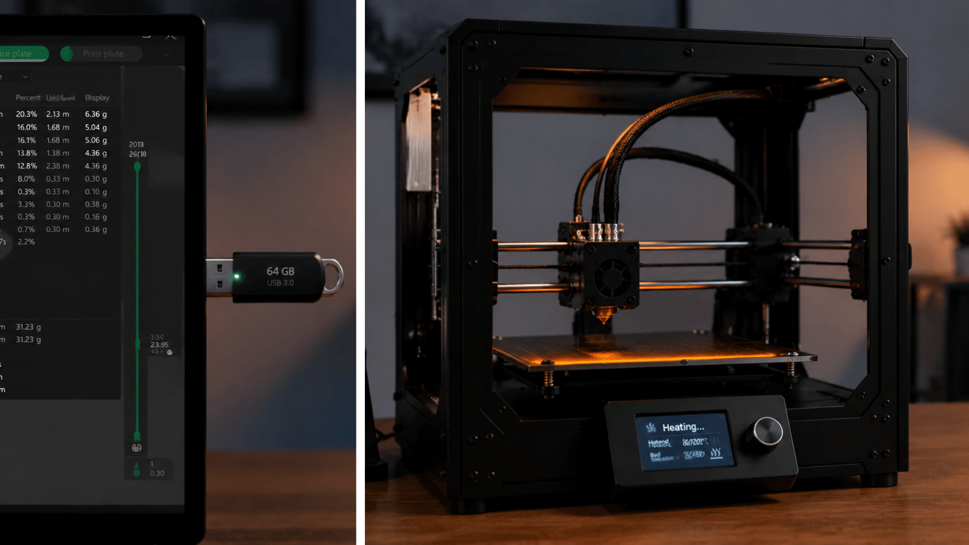 on left a monitor screen showing the files being copied in a usb drive on right a 3d printer heating up in an indoor workspace