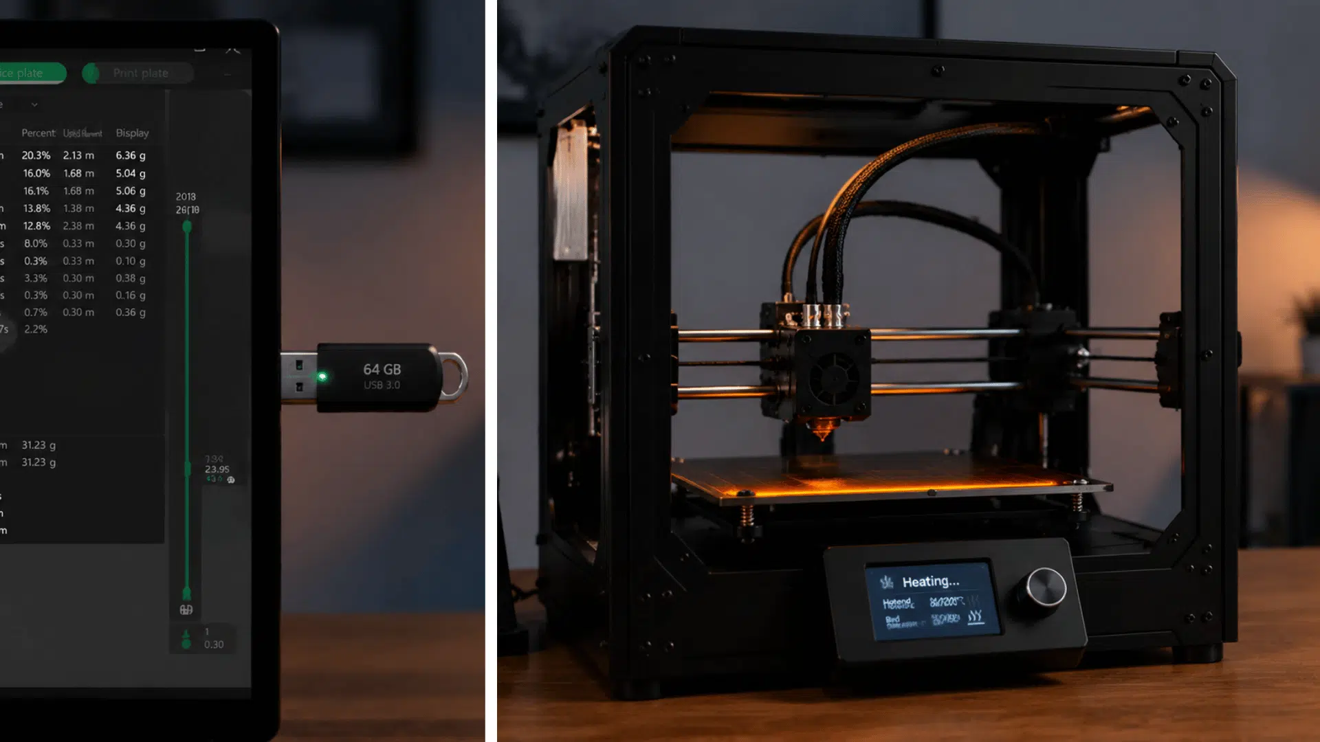 on left a monitor screen showing the files being copied in a usb drive on right a 3d printer heating up in an indoor workspace