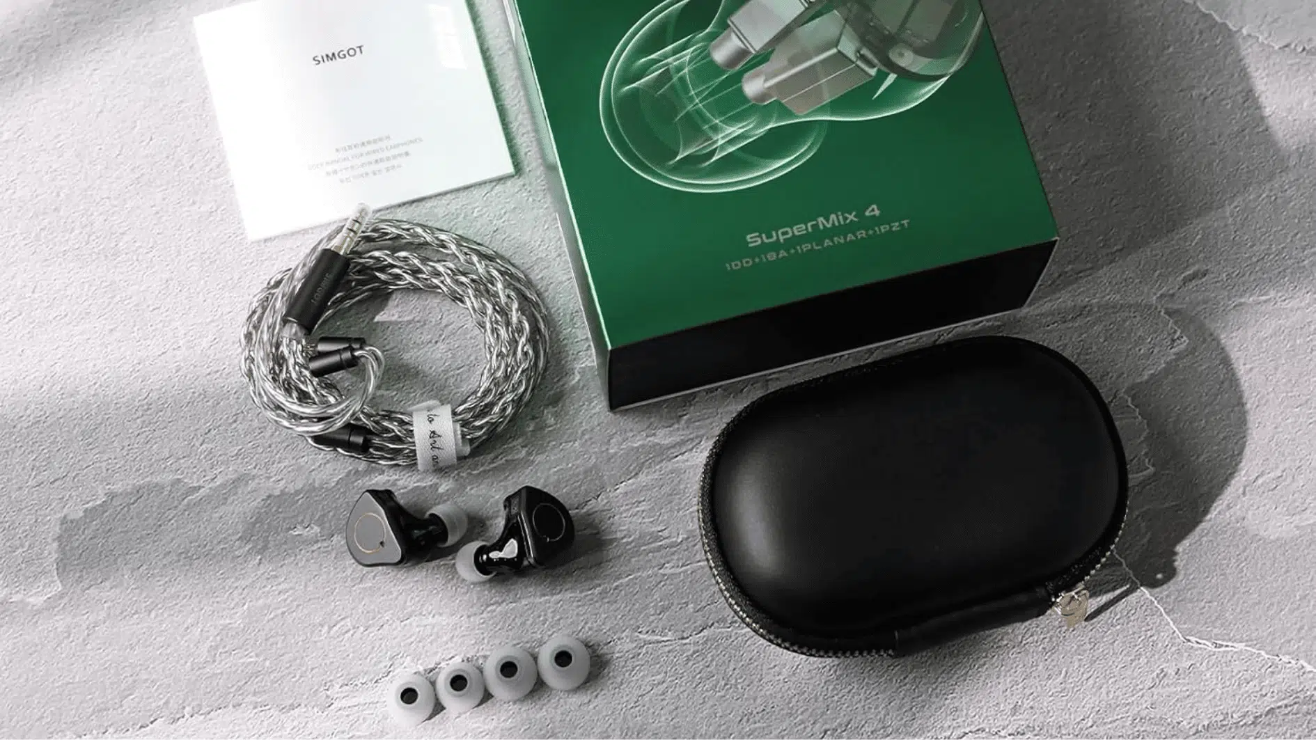 package contents of simgot supermix 4 earphones box, iem, cable, ear tips, carrying case