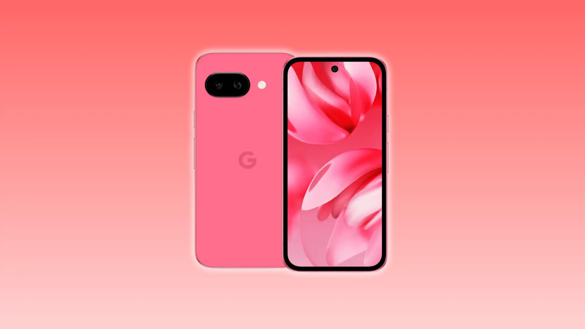 Front and back view of the Google Pixel 9a in pink, showing dual cameras and a centered punch-hole display.