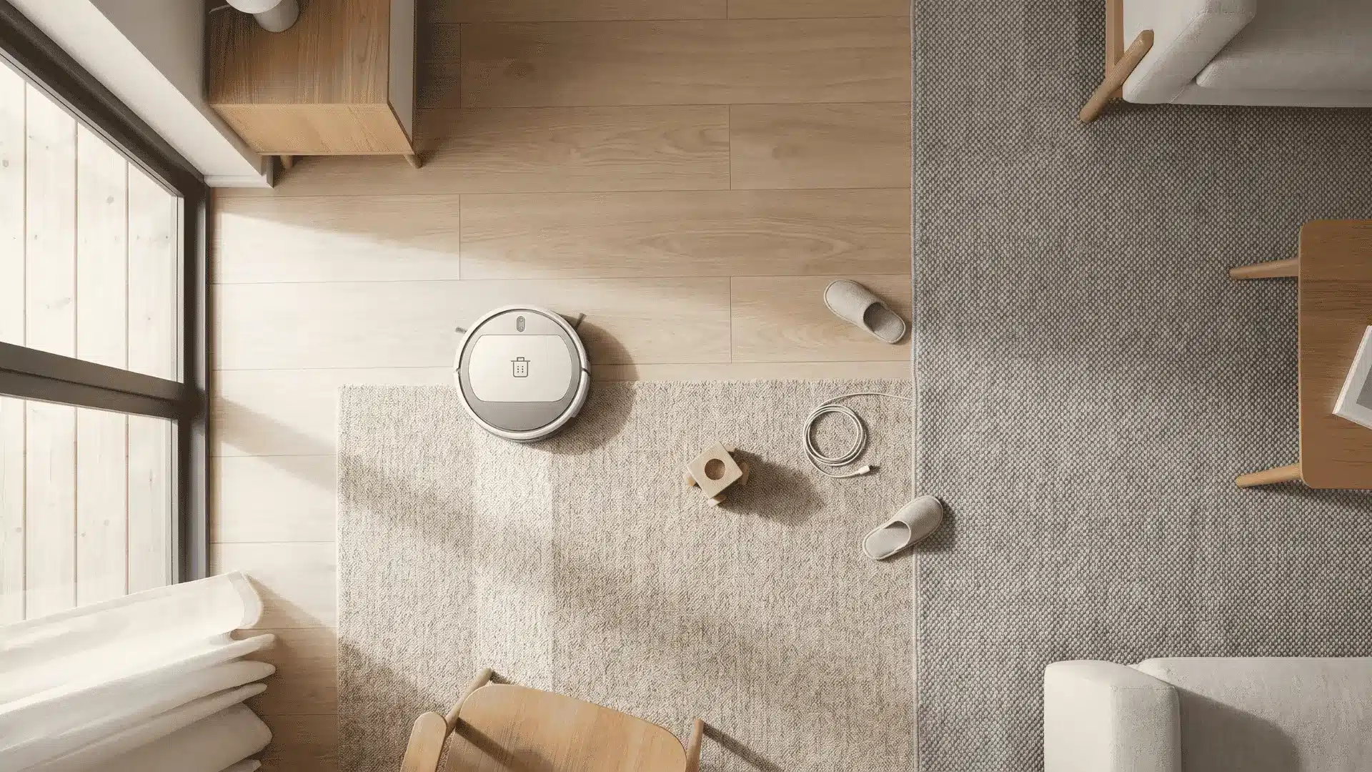 Robotic vacuum cleaning hard floors and medium-pile carpet while avoiding small objects in a home setting